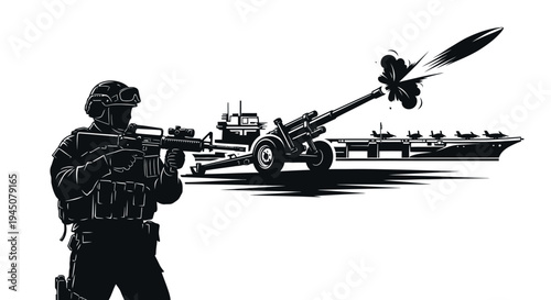 Soldier firing rifle with artillery and aircraft carrier in background, military concept