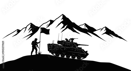 Soldier Planting Flag Beside Tank on Mountain Top, Victory and Military Triumph