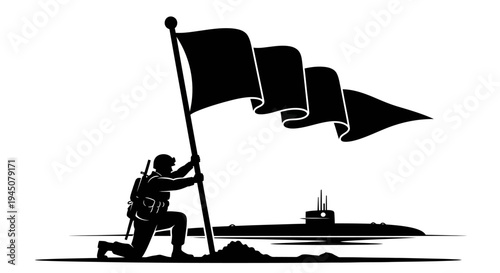 Soldier Planting Flag Beside Submarine on Water, Military Victory Symbol