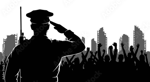 Soldier Saluting Crowd Against Ruined Cityscape Silhouette