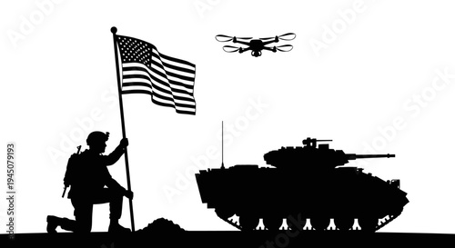 Soldier Raising American Flag Beside Tank and Drone, Symbolizing Modern Warfare and Patriotism