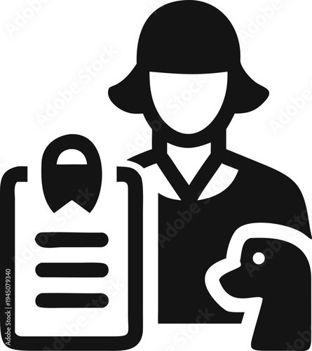 Professional woman holds a clipboard while standing gracefully beside a loyal companion dog icon