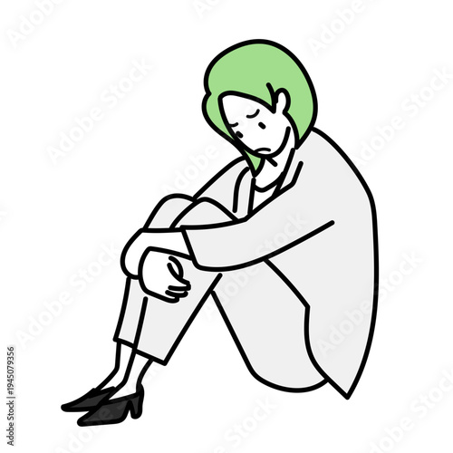 ビジネスでのミスやトラブルで深く落ち込む女性会社員の全身イラスト｜仕事の悩みや職場でのストレスを抱える働く女性の様子