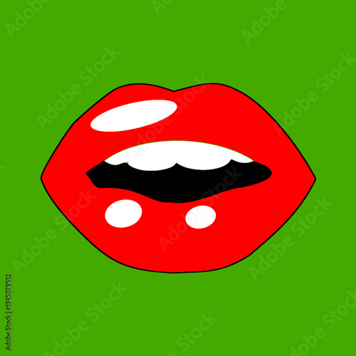 Glossy Red Lips Illustration with White Teeth on Green Background