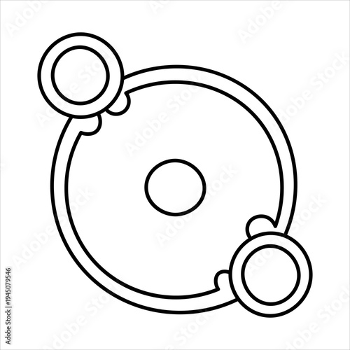 Abstract line art illustration of a stylized atomic structure or a celestial system with a central body and two orbiting elements.