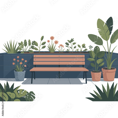 A serene city garden with a wooden bench and potted plants illustration