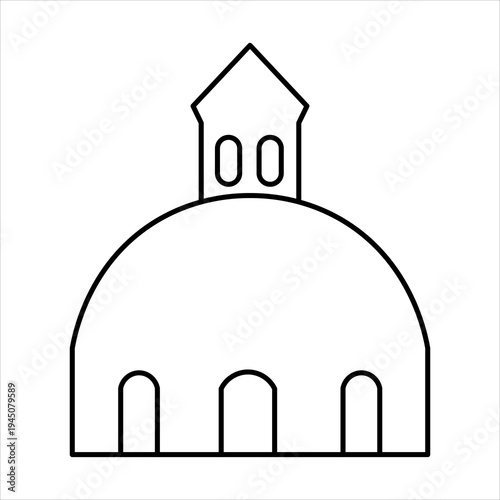 Simple line art illustration of a domed building with a spire and arched windows, depicting a classic architectural structure.