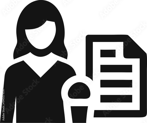 Professional woman holds microphone next to document for important public presentation