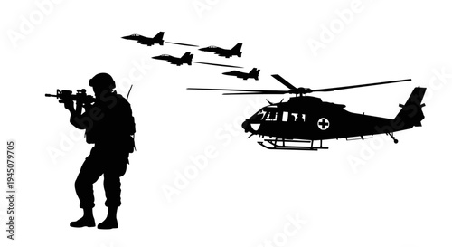 Soldier with rifle, helicopter, and fighter jets in silhouette
