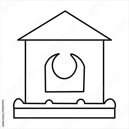 Simple line art illustration of a bird feeder with a house-like structure, a crescent opening, and a feeding tray.