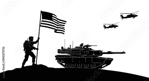 Soldier with US Flag, Tank, and Helicopters Silhouette on White Background