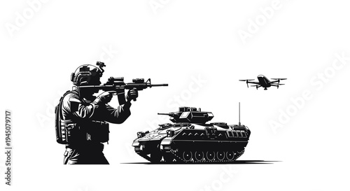 Soldier with rifle and tank next to drone, modern warfare concept