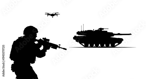 Soldier, Tank, Drone Silhouette: Modern Warfare and Surveillance Concept