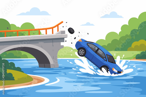 Blue car falling off a broken bridge into a river after a traffic accident. Flat vector illustration of a vehicle crashing through a railing and splashing into water, road safety and danger concept.