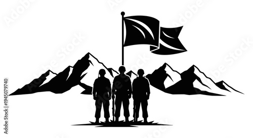 Three Soldiers Standing Proudly Before Mountains and Flag, Symbolizing Victory and Patriotism