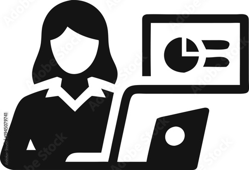 Professional woman icon using laptop for data analysis and business presentation