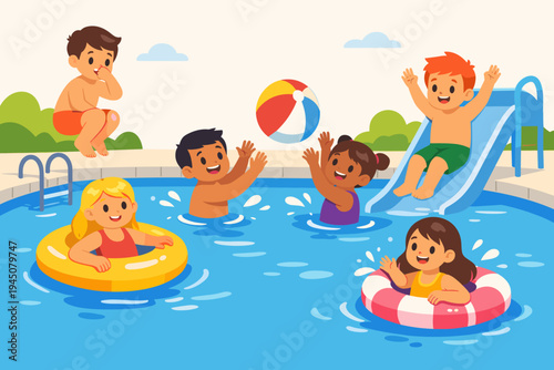 Happy Diverse Children Having Fun in a Swimming Pool on a Sunny Summer Day; Kids Playing with Beach Ball, Sliding Down Water Slide, and Floating in Inflatable Rings; Flat Vector Illustration.