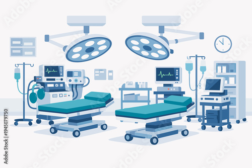 Modern Operating Room Interior with Surgical Beds, Advanced Medical Monitors, IV Stands, Overhead Surgical Lights, and Healthcare Equipment in a Clean Flat Vector Illustration Style.