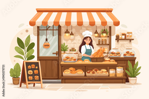 Charming flat vector illustration of a cozy bakery shop with a friendly female baker in a chef hat, showcasing fresh bread, baguettes, and pastries on wooden shelves and display cases.