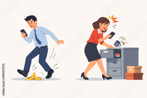 Distracted Office Employees Having Accidents While Using Smartphones; Man Slipping on Banana Peel and Woman Bumping into Filing Cabinet Spilling Coffee, Workplace Safety and Phone Addiction Concept