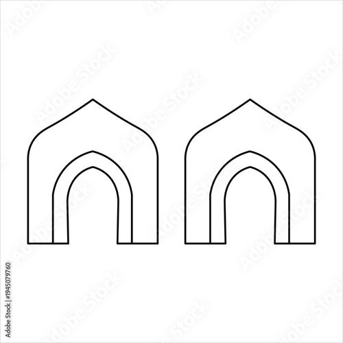 Simple line art illustration of two identical stylized archways with pointed tops, resembling traditional architectural elements.