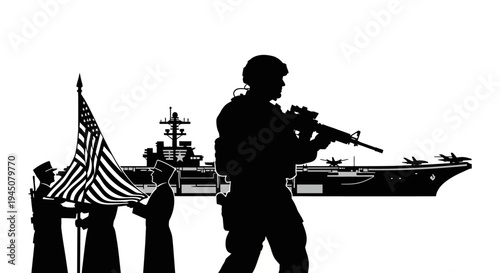 US Soldier, Flag, and Aircraft Carrier Silhouette: Patriotism and Military Power