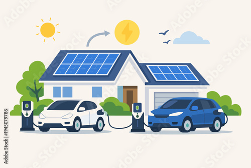 Electric Vehicles Charging at Home with Solar Energy System, Sustainable Living Concept with EV Cars, Solar Panels on Roof, and Charging Stations, Eco-Friendly Green Energy Flat Vector Illustration