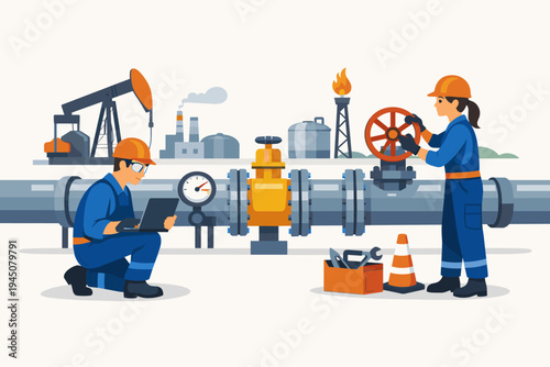 Professional Engineers in Hard Hats and Overalls Inspecting and Maintaining Gas and Oil Pipelines with Laptop and Tools at Industrial Refinery Plant Site, Energy Industry Flat Vector Illustration