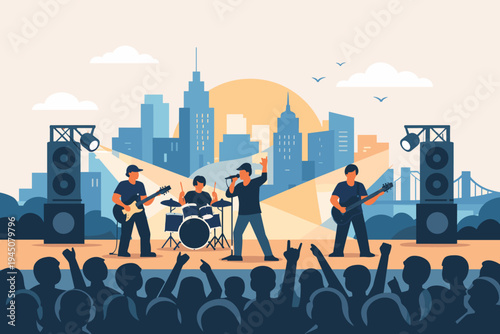Flat Vector Illustration of a Rock Band Performing Live on an Outdoor Stage with a City Skyline Backdrop, Crowd Cheering at an Open Air Music Festival at Sunset with Spotlights and Speakers.