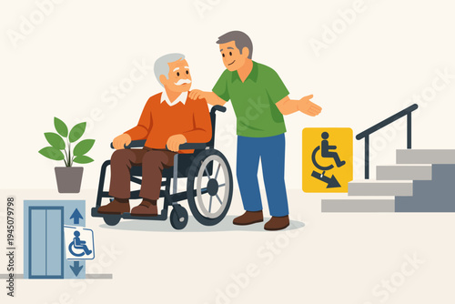 Elderly Man in Wheelchair and Son Looking for Accessible Route with Elevator and Stairs, Flat Vector Illustration of Disability Access, Inclusion, and Care for Senior People in Public Spaces.