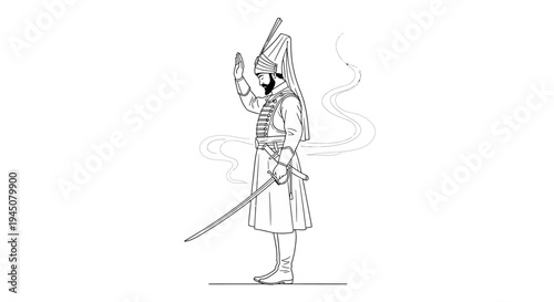 Warrior with Sword and Elaborate Hat, Outline Drawing
