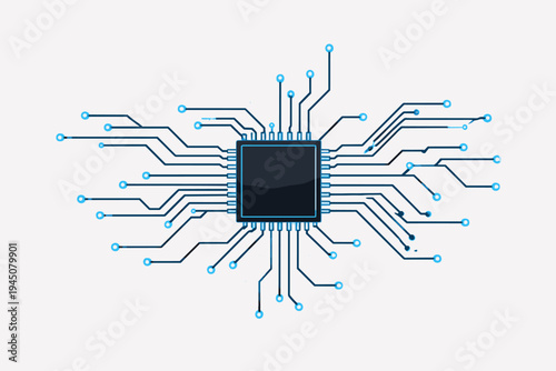 Abstract Vector Illustration of a Central Processing Unit Microchip with Glowing Blue Circuit Lines and Connections, Symbolizing Advanced Technology, Artificial Intelligence, and Digital Data
