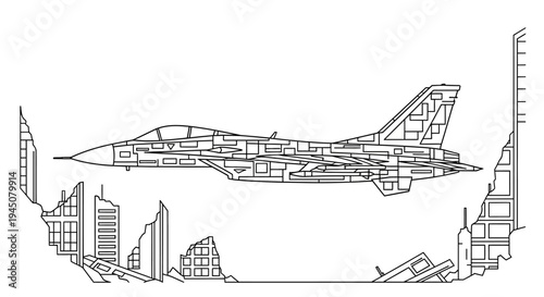 War-torn city skyline with fighter jet flying overhead, illustration