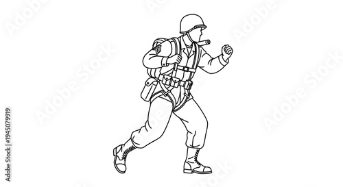 WWII Paratrooper Soldier Running with Grenade, Vintage Military Illustration