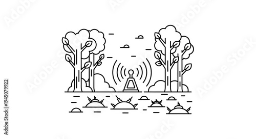 Wireless signal transmission tower in a forest with trees and clouds, line art illustration