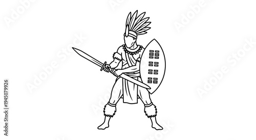 Zulu Warrior with Shield and Spear, Traditional African Warrior Illustration