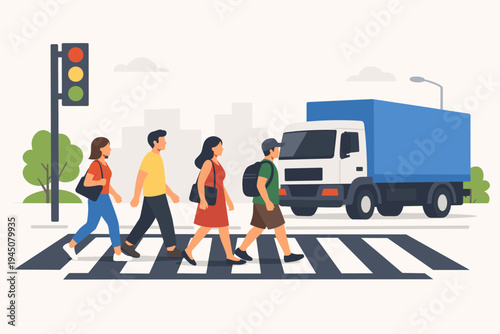 Pedestrians Crossing the Street on a Zebra Crosswalk with a Blue Truck Stopped at a Red Traffic Light in a City, Flat Vector Illustration of Urban Road Safety, Transportation, and Daily Commuting.