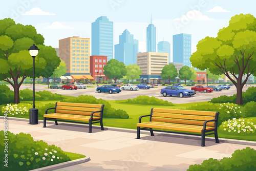 Flat Vector Illustration of an Urban City Park with Wooden Benches, Green Trees, and Colorful Flowers, Featuring a Large Parking Lot with Cars and a Modern Downtown Skyline with Skyscrapers.