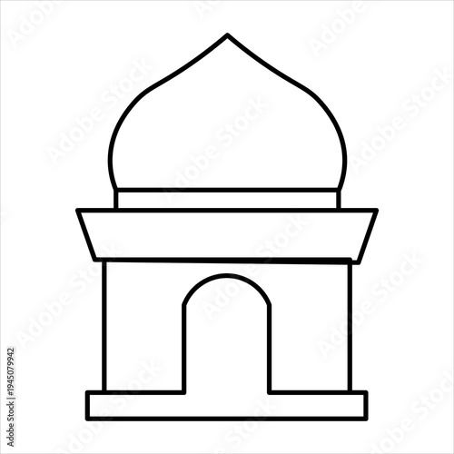 A simple black and white line art illustration of a mosque dome and structure with an arched entrance, representing Islamic architecture.