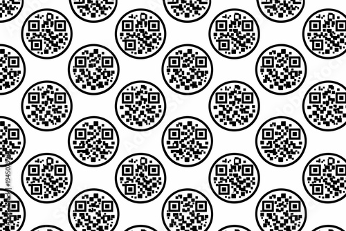 Seamless Pattern of Circular QR Codes on White Background, Simple Flat Vector Illustration of Repeating Round Digital Scan Codes for Technology, Marketing, Business, and Data Security Design.