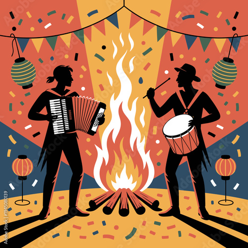 Musician silhouette illustration playing instruments around a campfire at night