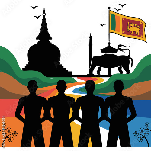 Sri Lanka flag vector illustration with silhouette men and temple