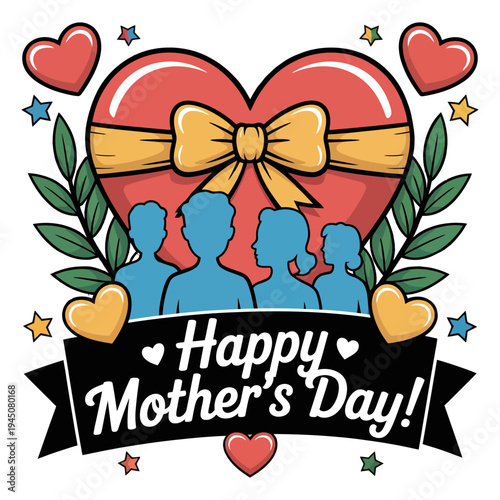 A colorful Mother's Day illustration with a heart and family silhouettes