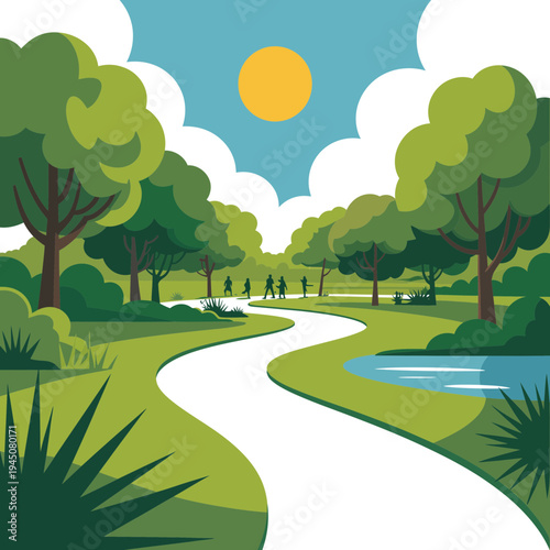 A serene park illustration with a winding path and trees under a sunny sky