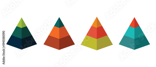 Set of 4 three-dimensional three-tiered pyramid. Financial data graph chart. 3D pyramid chart graph on white background.