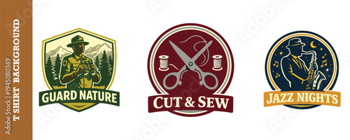 Creative collection of three vintage style logo designs for t shirts with nature guard sewing and jazz themes