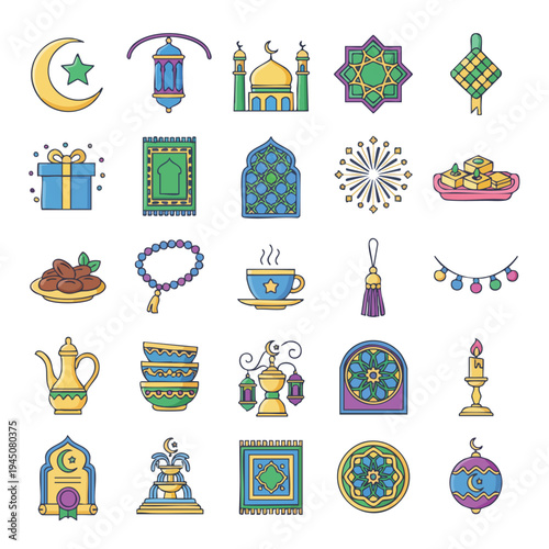 Colorful Eid Ul Fitr Celebration Icons including Crescent moon, Crescent moon with stars, Islamic lantern, Decorative lantern, Mosque dome, Mosque silhouette