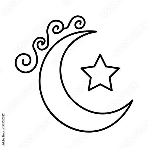 A simple black and white line drawing of a crescent moon with a star and decorative swirls.