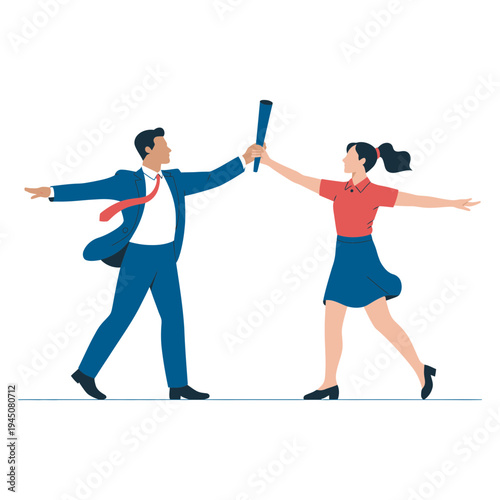 Businessman passing a baton to a businesswoman in a teamwork illustration