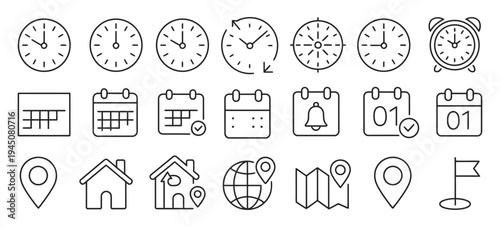 Date Address Time Line Icon, clock, calendar, and location pin symbols, delivery, meeting, office, planning, navigation, and scheduling concept, editable line vector illustration.